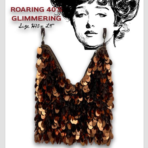 Bronze Sequin Beaded 40's Shimmery Purse Shoulder Zipper 10x9" - Picture 1 of 5